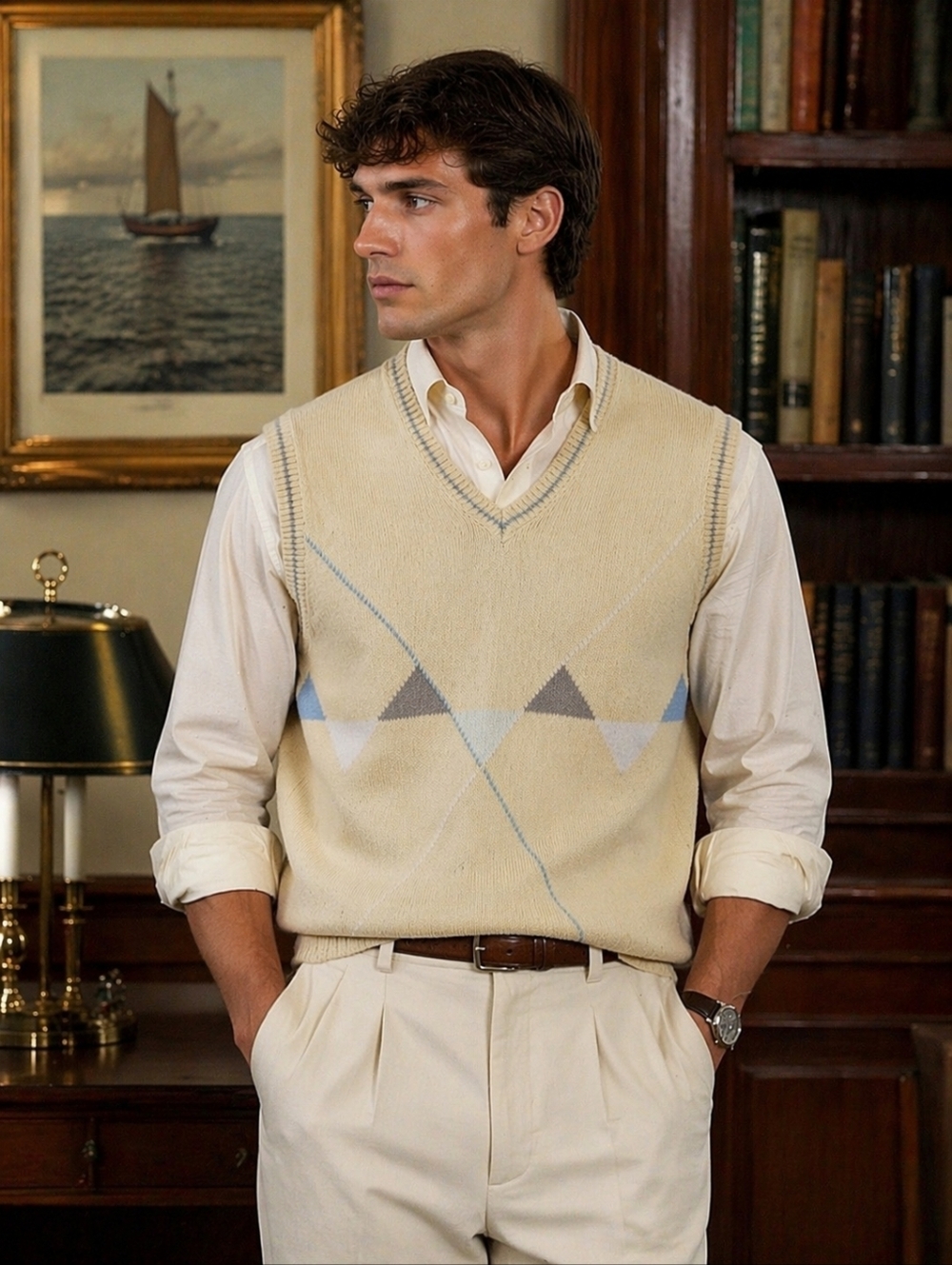 VINTAGE LE TIGRE Mens Large Yellow Argyle Vest Preppy Retro Golfcore Ivy League